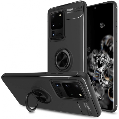 Samsung Galaxy S20 Ultra Kılıf Renkli Silikon Yüzüklü Standlı Auto Focus Ravel Kapak - Siyah