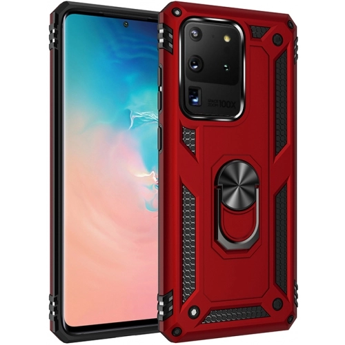 Samsung Galaxy S20 Ultra Kılıf Silikon Zırhlı Standlı Yüzüklü Mıknatıslı Tank Kapak - Kırmızı