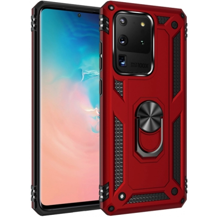 Samsung Galaxy S20 Ultra Kılıf Silikon Zırhlı Standlı Yüzüklü Mıknatıslı Tank Kapak - Kırmızı