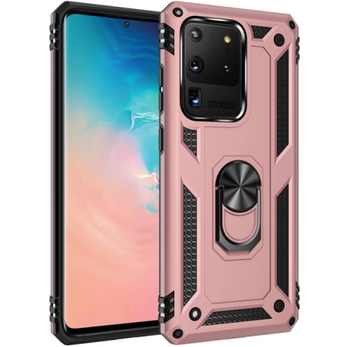Samsung Galaxy S20 Ultra Kılıf Silikon Zırhlı Standlı Yüzüklü Mıknatıslı Tank Kapak - Rose Gold