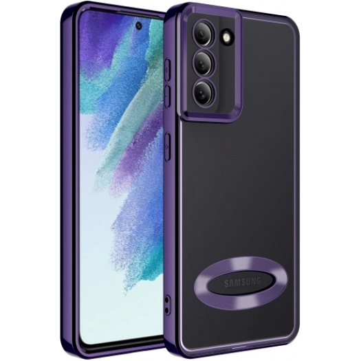 Samsung Galaxy S21 FE Kılıf Kamera Lens Korumalı Şeffaf Renkli Logo Gösteren Parlak Kapak - Koyu Mor