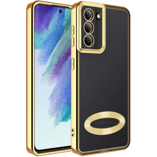 Samsung Galaxy S21 FE Kılıf Kamera Lens Korumalı Şeffaf Renkli Logo Gösteren Parlak Kapak - Gold