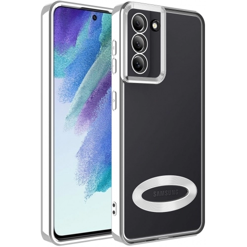 Samsung Galaxy S21 FE Kılıf Kamera Lens Korumalı Şeffaf Renkli Logo Gösteren Parlak Kapak - Gümüş