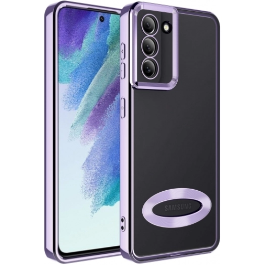 Samsung Galaxy S21 FE Kılıf Kamera Lens Korumalı Şeffaf Renkli Logo Gösteren Parlak Kapak - Lila