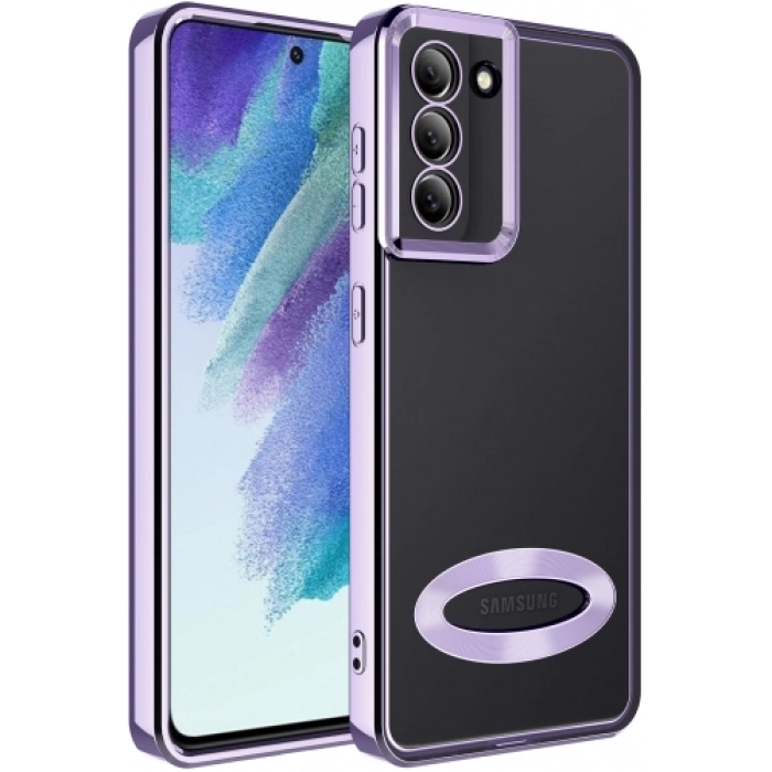 Samsung Galaxy S21 FE Kılıf Kamera Lens Korumalı Şeffaf Renkli Logo Gösteren Parlak Kapak - Lila