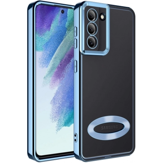 Samsung Galaxy S21 FE Kılıf Kamera Lens Korumalı Şeffaf Renkli Logo Gösteren Parlak Kapak - Mavi