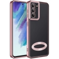 Samsung Galaxy S21 FE Kılıf Kamera Lens Korumalı Şeffaf Renkli Logo Gösteren Parlak Kapak - Rose Gold