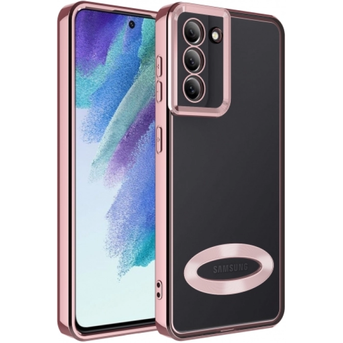 Samsung Galaxy S21 FE Kılıf Kamera Lens Korumalı Şeffaf Renkli Logo Gösteren Parlak Kapak - Rose Gold