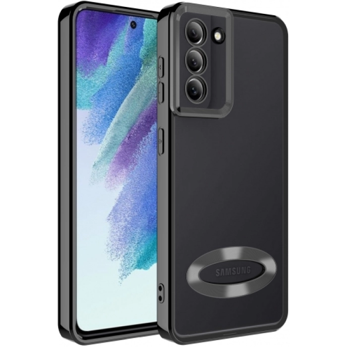 Samsung Galaxy S21 FE Kılıf Kamera Lens Korumalı Şeffaf Renkli Logo Gösteren Parlak Kapak - Siyah