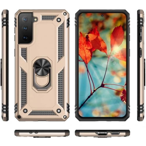 Samsung Galaxy S21 FE Kılıf Silikon Zırhlı Standlı Yüzüklü Mıknatıslı Tank Kapak - Gold