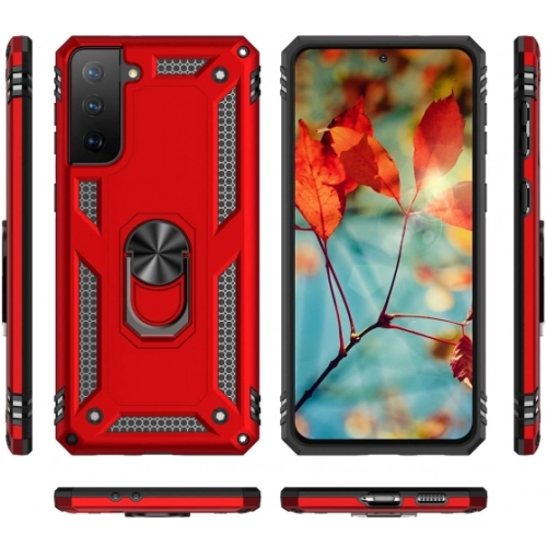 Samsung Galaxy S21 Kılıf Silikon Zırhlı Standlı Yüzüklü Mıknatıslı Tank Kapak - Kırmızı