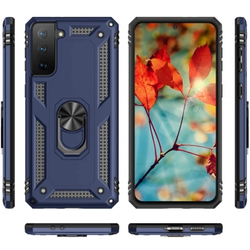 Samsung Galaxy S21 Kılıf Silikon Zırhlı Standlı Yüzüklü Mıknatıslı Tank Kapak - Lacivert