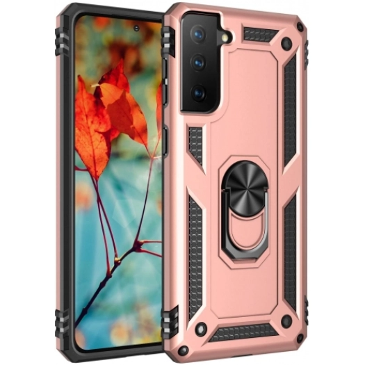 Samsung Galaxy S21 Kılıf Silikon Zırhlı Standlı Yüzüklü Mıknatıslı Tank Kapak - Rose Gold