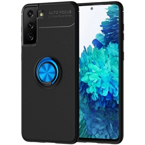 Samsung Galaxy S21 Plus Kılıf Renkli Silikon Yüzüklü Standlı Auto Focus Ravel Kapak - Mavi - Siyah