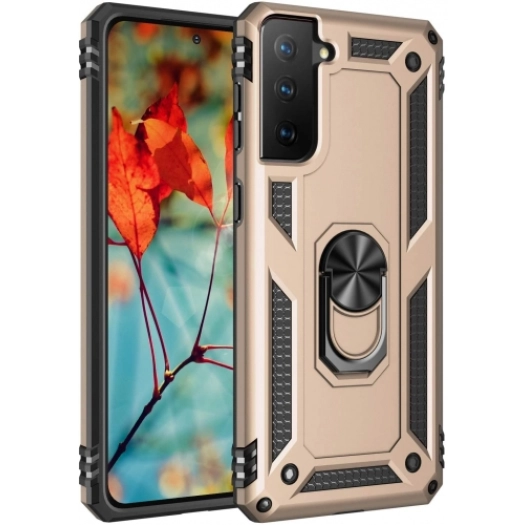 Samsung Galaxy S21 Plus Kılıf Silikon Zırhlı Standlı Yüzüklü Mıknatıslı Tank Kapak - Gold