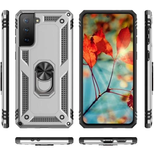 Samsung Galaxy S21 Plus Kılıf Silikon Zırhlı Standlı Yüzüklü Mıknatıslı Tank Kapak - Gümüş