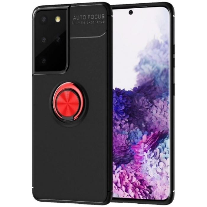 Samsung Galaxy S21 Ultra Kılıf Renkli Silikon Yüzüklü Standlı Auto Focus Ravel Kapak - Kırmızı - Siyah