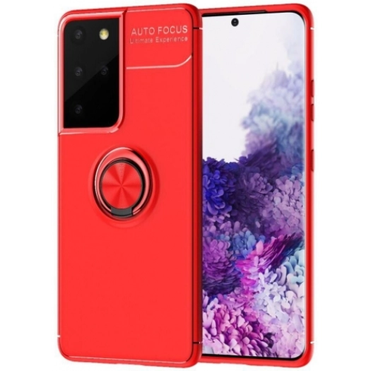 Samsung Galaxy S21 Ultra Kılıf Renkli Silikon Yüzüklü Standlı Auto Focus Ravel Kapak - Kırmızı