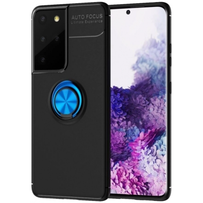 Samsung Galaxy S21 Ultra Kılıf Renkli Silikon Yüzüklü Standlı Auto Focus Ravel Kapak - Mavi - Siyah