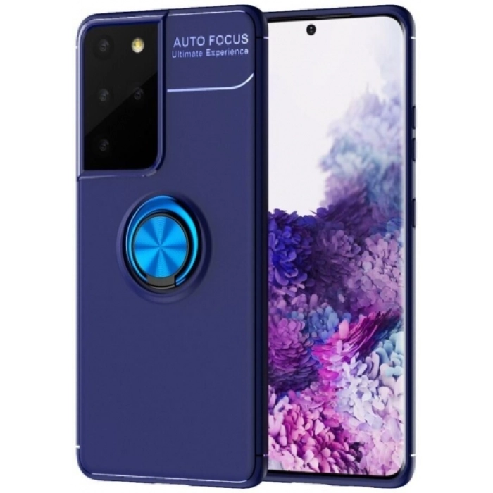 Samsung Galaxy S21 Ultra Kılıf Renkli Silikon Yüzüklü Standlı Auto Focus Ravel Kapak - Mavi