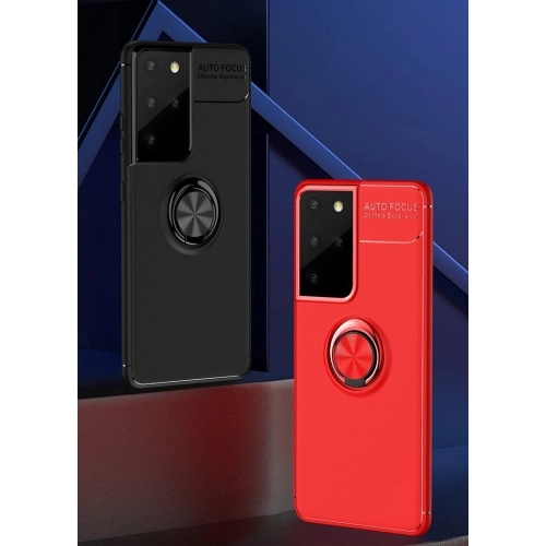 Samsung Galaxy S21 Ultra Kılıf Renkli Silikon Yüzüklü Standlı Auto Focus Ravel Kapak - Siyah