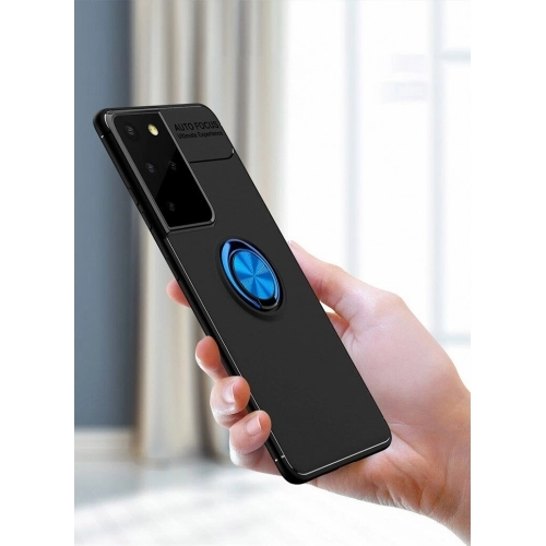 Samsung Galaxy S21 Ultra Kılıf Renkli Silikon Yüzüklü Standlı Auto Focus Ravel Kapak - Siyah