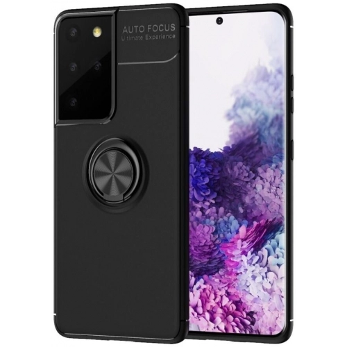 Samsung Galaxy S21 Ultra Kılıf Renkli Silikon Yüzüklü Standlı Auto Focus Ravel Kapak - Siyah