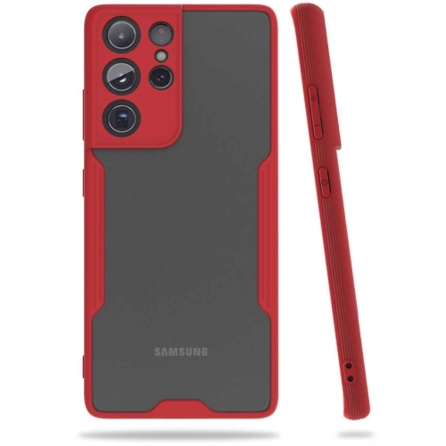 Samsung Galaxy S21 Ultra Kılıf Renkli Silikon Kamera Lens Korumalı Şeffaf Parfe Kapak - Kırmızı