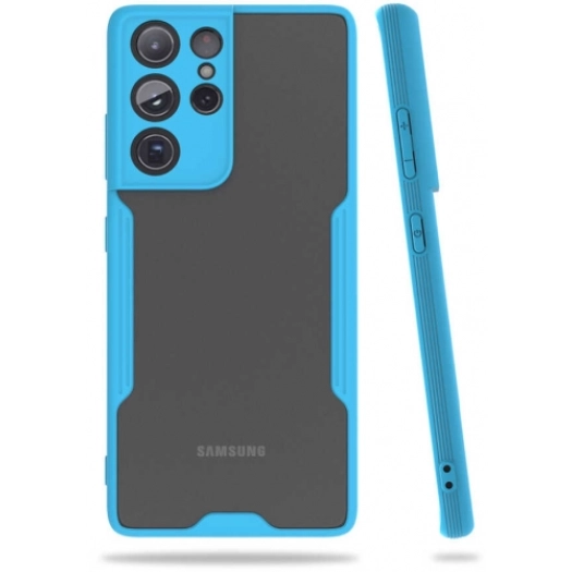 Samsung Galaxy S21 Ultra Kılıf Renkli Silikon Kamera Lens Korumalı Şeffaf Parfe Kapak - Mavi