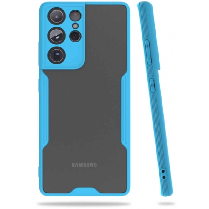 Samsung Galaxy S21 Ultra Kılıf Renkli Silikon Kamera Lens Korumalı Şeffaf Parfe Kapak - Mavi