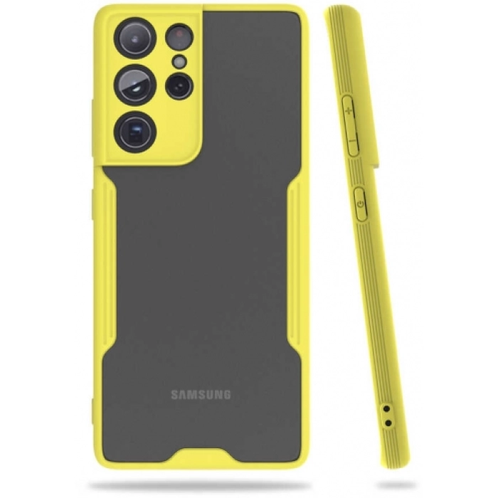 Samsung Galaxy S21 Ultra Kılıf Renkli Silikon Kamera Lens Korumalı Şeffaf Parfe Kapak - Sarı