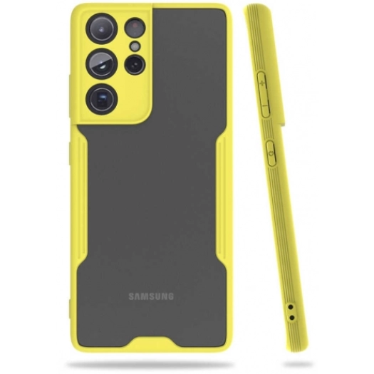 Samsung Galaxy S21 Ultra Kılıf Renkli Silikon Kamera Lens Korumalı Şeffaf Parfe Kapak - Sarı
