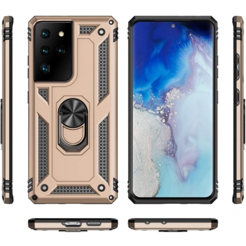 Samsung Galaxy S21 Ultra Kılıf Silikon Zırhlı Standlı Yüzüklü Mıknatıslı Tank Kapak - Gold