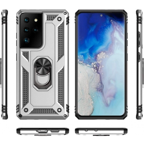 Samsung Galaxy S21 Ultra Kılıf Silikon Zırhlı Standlı Yüzüklü Mıknatıslı Tank Kapak - Gümüş