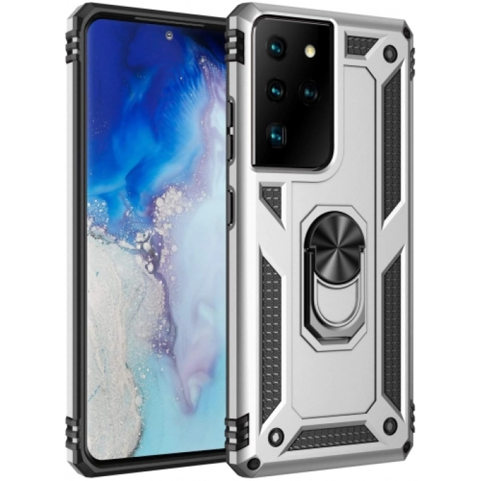 Samsung Galaxy S21 Ultra Kılıf Silikon Zırhlı Standlı Yüzüklü Mıknatıslı Tank Kapak - Gümüş