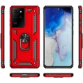 Samsung Galaxy S21 Ultra Kılıf Silikon Zırhlı Standlı Yüzüklü Mıknatıslı Tank Kapak - Kırmızı