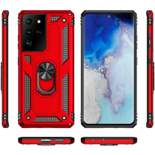 Samsung Galaxy S21 Ultra Kılıf Silikon Zırhlı Standlı Yüzüklü Mıknatıslı Tank Kapak - Kırmızı