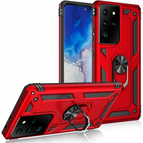Samsung Galaxy S21 Ultra Kılıf Silikon Zırhlı Standlı Yüzüklü Mıknatıslı Tank Kapak - Kırmızı
