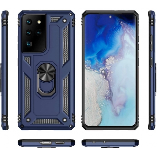 Samsung Galaxy S21 Ultra Kılıf Silikon Zırhlı Standlı Yüzüklü Mıknatıslı Tank Kapak - Lacivert