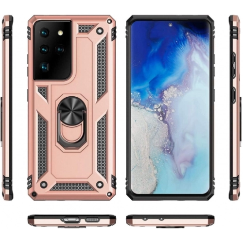 Samsung Galaxy S21 Ultra Kılıf Silikon Zırhlı Standlı Yüzüklü Mıknatıslı Tank Kapak - Rose Gold
