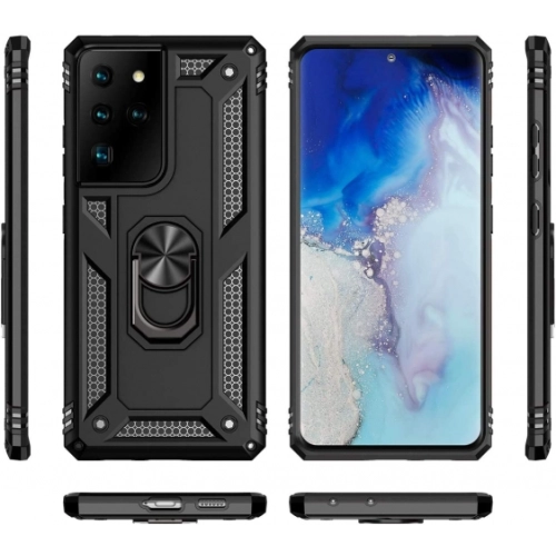 Samsung Galaxy S21 Ultra Kılıf Silikon Zırhlı Standlı Yüzüklü Mıknatıslı Tank Kapak - Siyah