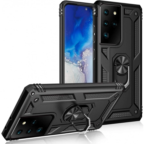 Samsung Galaxy S21 Ultra Kılıf Silikon Zırhlı Standlı Yüzüklü Mıknatıslı Tank Kapak - Siyah