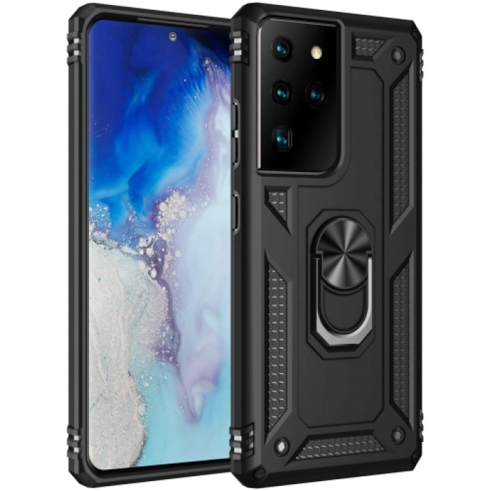 Samsung Galaxy S21 Ultra Kılıf Silikon Zırhlı Standlı Yüzüklü Mıknatıslı Tank Kapak - Siyah