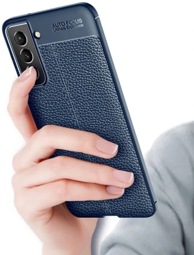 Samsung Galaxy S22 Kılıf Deri Görünümlü Parmak İzi Bırakmaz Niss Silikon - Lacivert