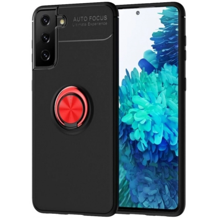 Samsung Galaxy S22 Plus Kılıf Renkli Silikon Yüzüklü Standlı Auto Focus Ravel Kapak - Kırmızı - Siyah