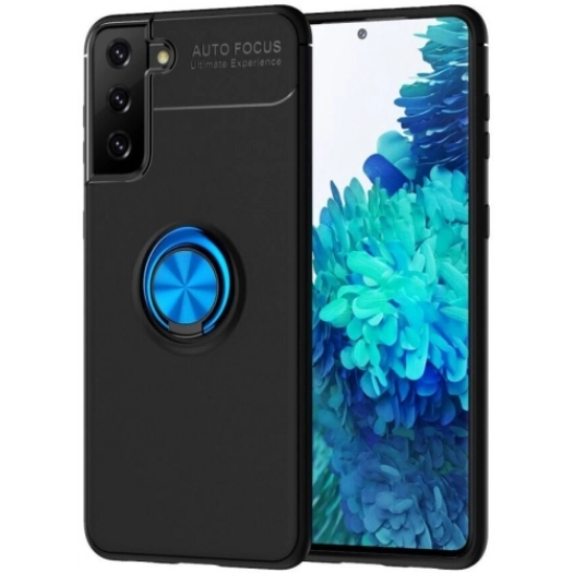 Samsung Galaxy S22 Plus Kılıf Renkli Silikon Yüzüklü Standlı Auto Focus Ravel Kapak - Mavi - Siyah