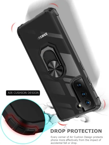 Samsung Galaxy S22 Plus Kılıf Standlı Arkası Şeffaf Kenarları Airbag Yüzüklü Kapak - Kırmızı