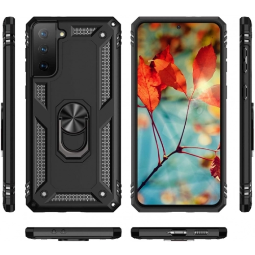 Samsung Galaxy S22 Plus Kılıf Silikon Zırhlı Standlı Yüzüklü Mıknatıslı Tank Kapak - Siyah
