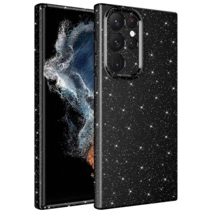 Samsung Galaxy S22 Ultra Kılıf Kamera Korumalı Simli Lüks Zore Koton Kapak - Siyah