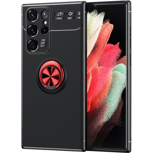 Samsung Galaxy S22 Ultra Kılıf Renkli Silikon Yüzüklü Standlı Auto Focus Ravel Kapak - Kırmızı - Siyah